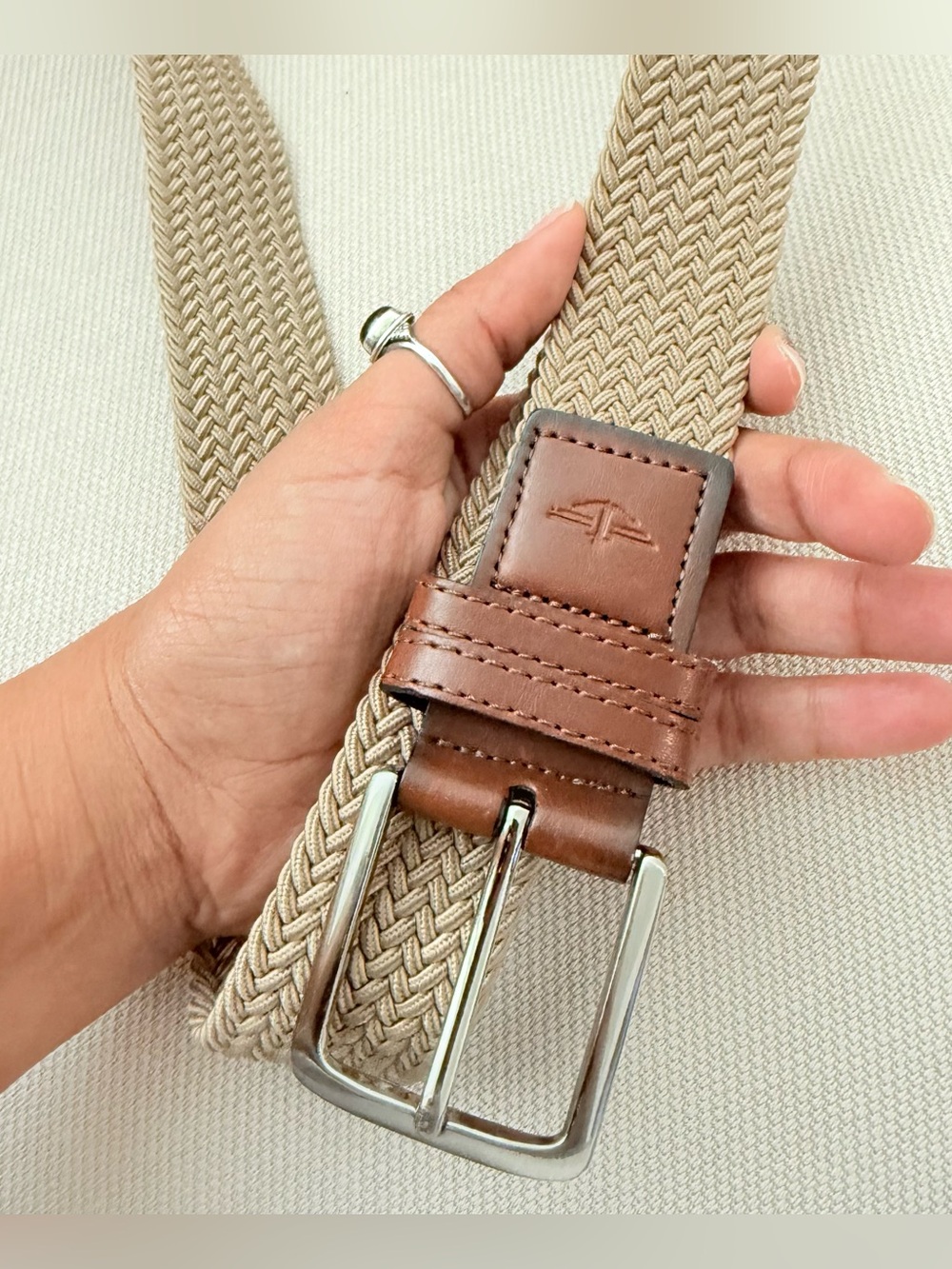 Dockers Men's Comfort Stretch Tan Braided Web Belt with Brown Leather Detail